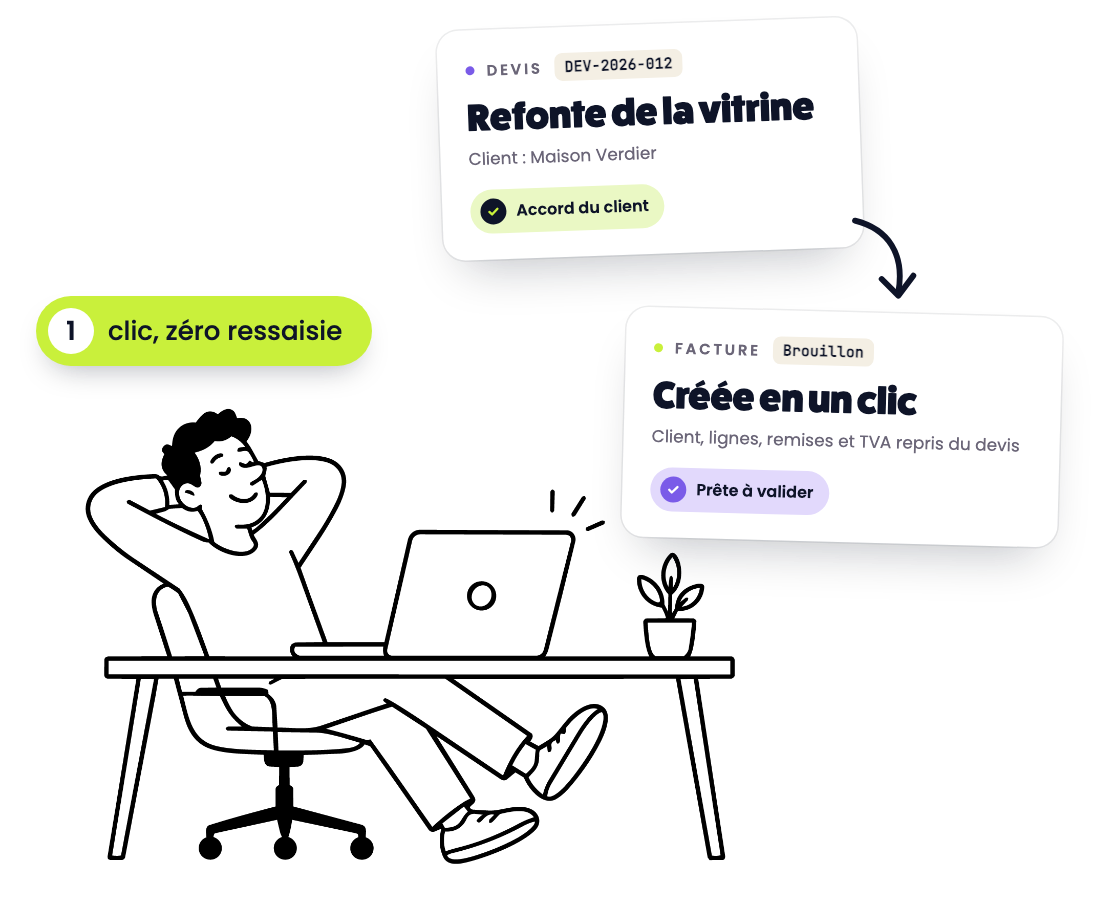 Un dirigeant détendu à son bureau : son devis accepté est devenu une facture en un clic, prête à valider