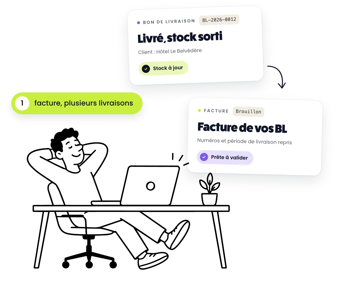 Un dirigeant détendu à son bureau : son bon de livraison a sorti le stock, et la facture de ses livraisons est prête à valider