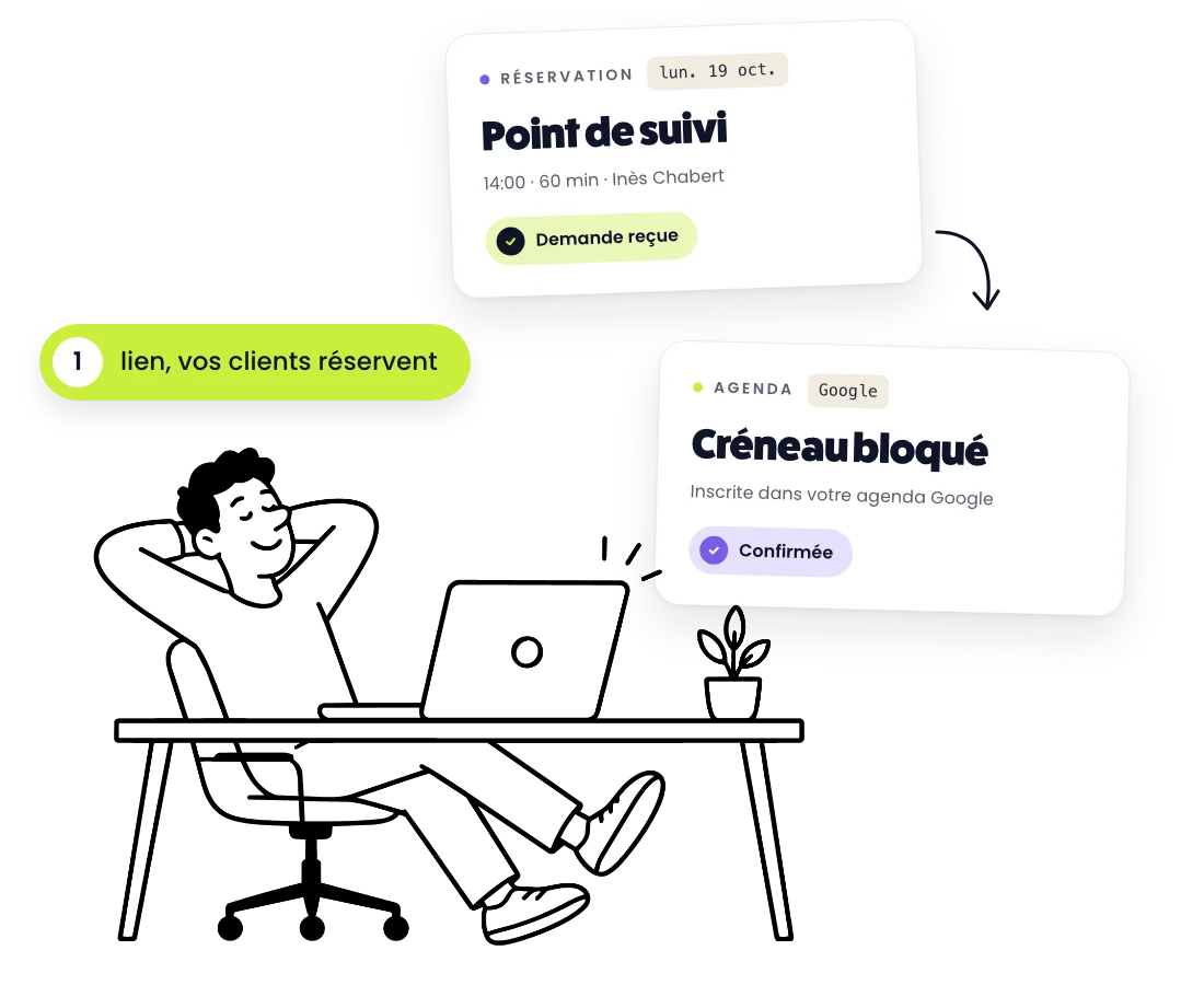 Un dirigeant détendu à son bureau : une demande de réservation reçue, puis le créneau confirmé et inscrit dans son agenda Google