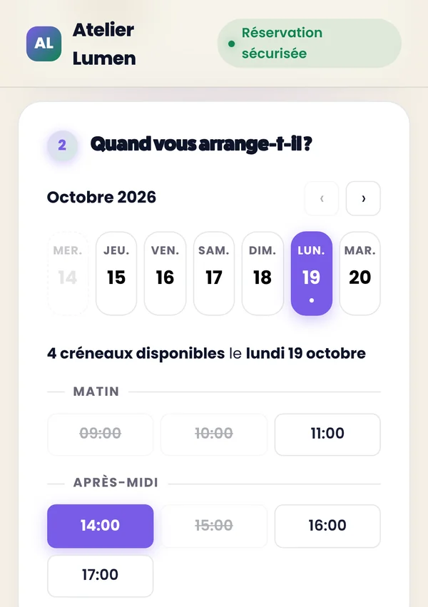 La page de réservation sur téléphone