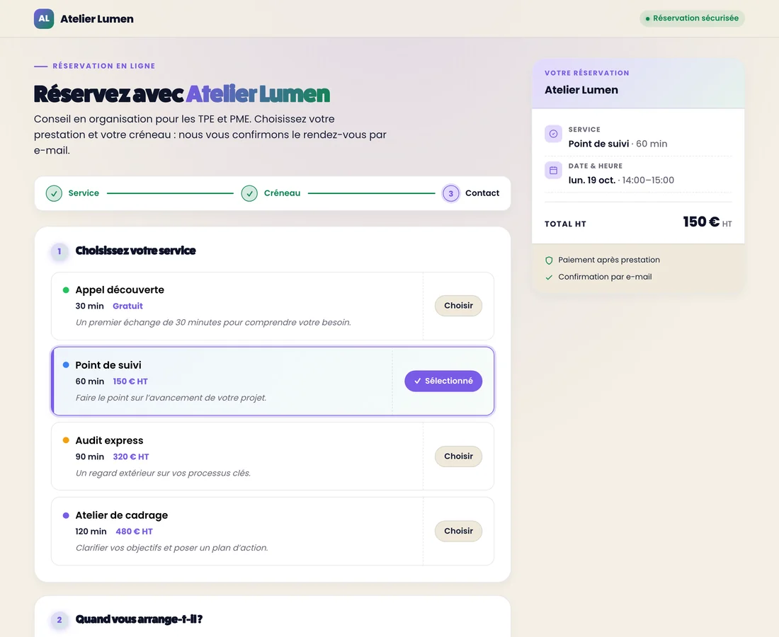 La page de réservation publique d'une entreprise : choix de la prestation, du jour et du créneau, avec le récapitulatif de la réservation
